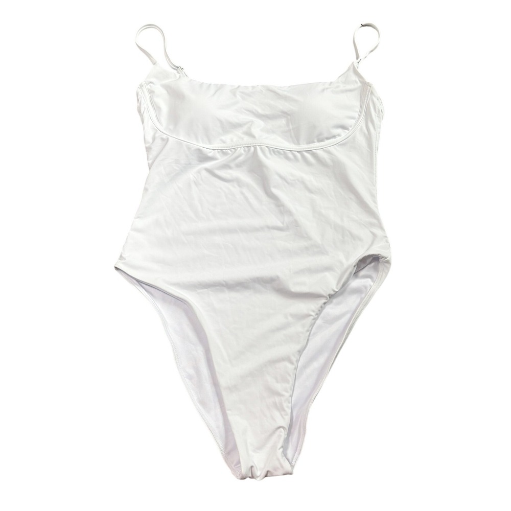 Qinsen Womens White One Piece Swimsuit Square Neck High Cut Monokini Medium